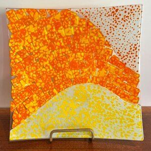 Orange and Yellow Fused Glass Square Plate Serving Dish 8 3/4"